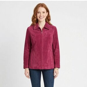 Dennis Basso Women's  2X Burgundy Lined Leather Suede Aesthetic Full Zip Jacket